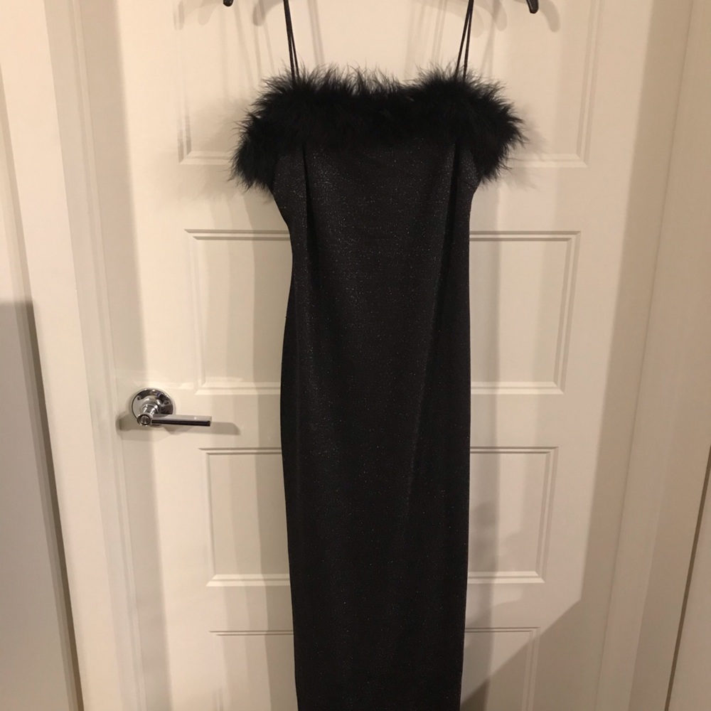 Sexy black shimmer dress with feather detail
